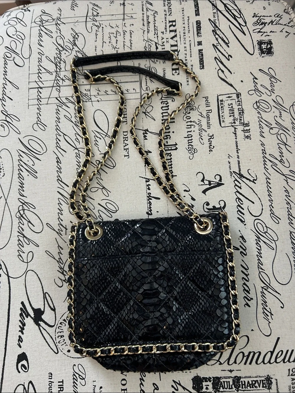 Michael Kors Black Snake-Embossed Mini Chain Shoulder Bag with Gold Hardware